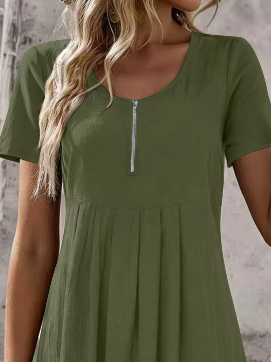 Zipper-front Short Sleeve A-line Dress in Army Green with pleated