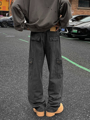 Dark grey cargo pants with multiple pockets