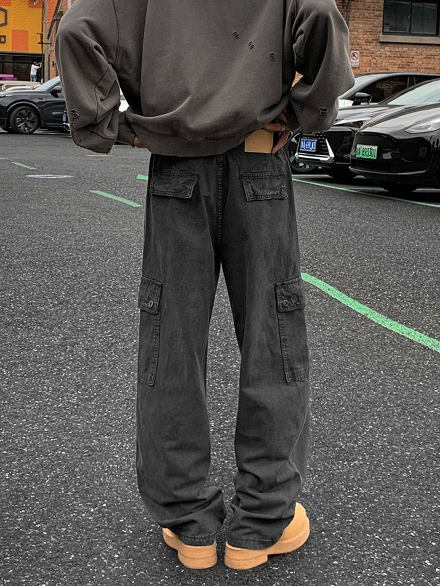 Dark grey cargo pants with multiple pockets