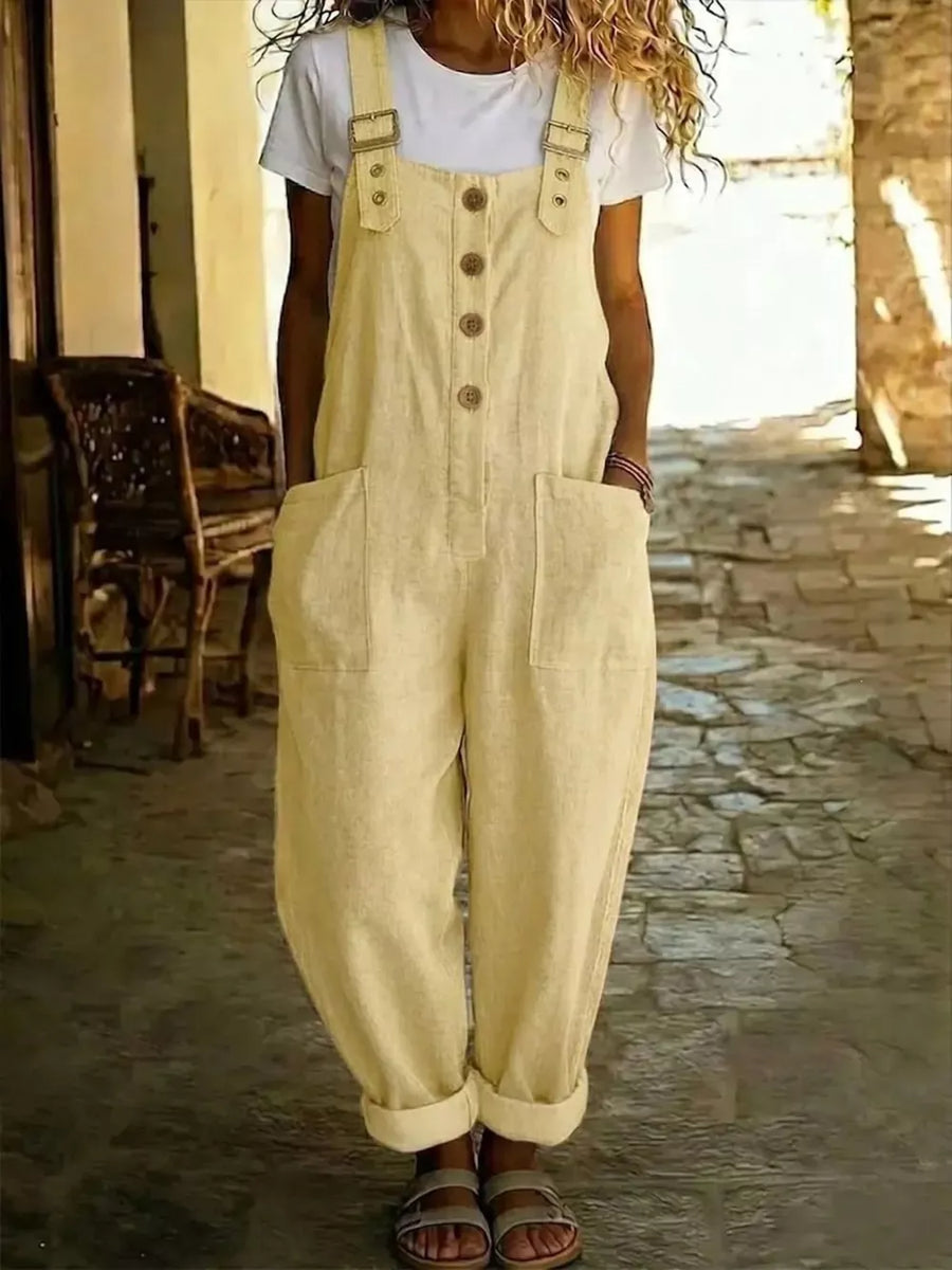 Yellow linen-blend wide leg romper with button front and large pockets.