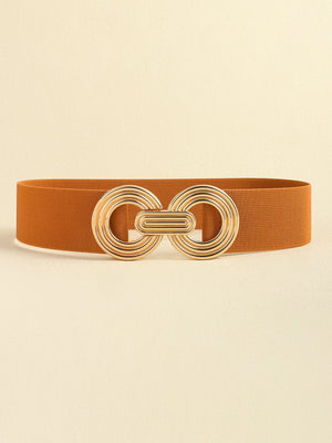 Caramel stretch belt with interlocking gold circle buckle detail