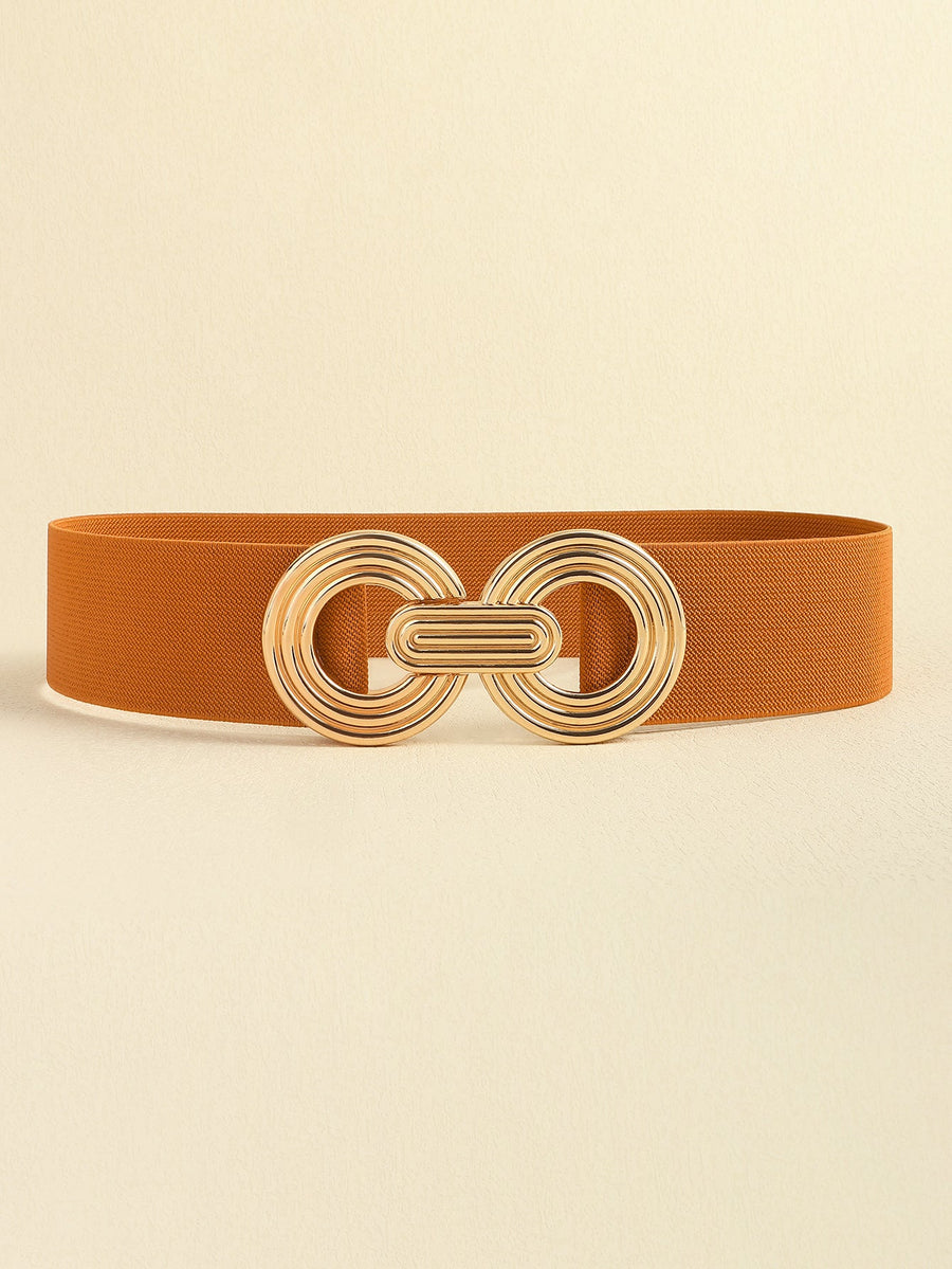 Caramel stretch belt with interlocking gold circle buckle detail