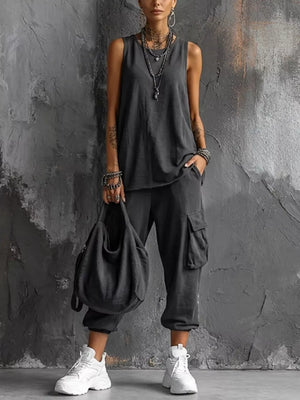Sky Blue Casual Tank And Cargo Pants Set Plus Size