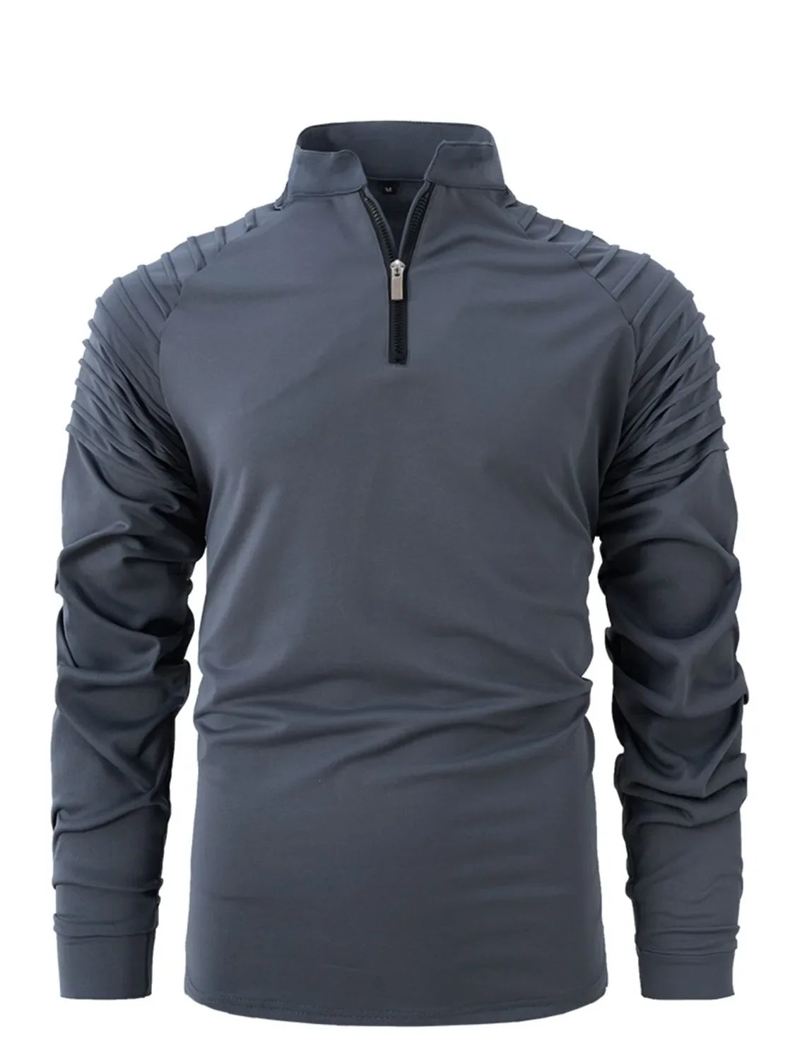 Dark Gray zip-neck pullover sweater with pleated shoulder details and long sleeves.