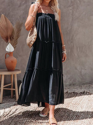 100% polyester Care instructions: Machine wash cold maxi dress in Black with A-line silhouette