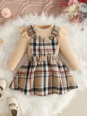 beige skirt set with plaid and crew neck