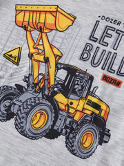 Toddler grey cotton blend tee with a yellow front loader graphic and "Let's Build" text.