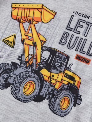 Toddler grey cotton blend tee with a yellow front loader graphic and "Let's Build" text.