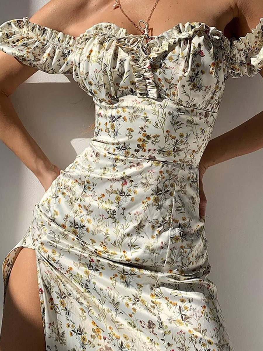Floral off-shoulder dress with ruffled neckline and high slit