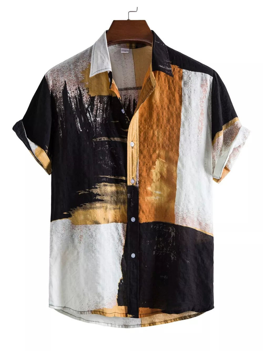 Yellow with Men's Plus Size Color Block Button Up Shirt