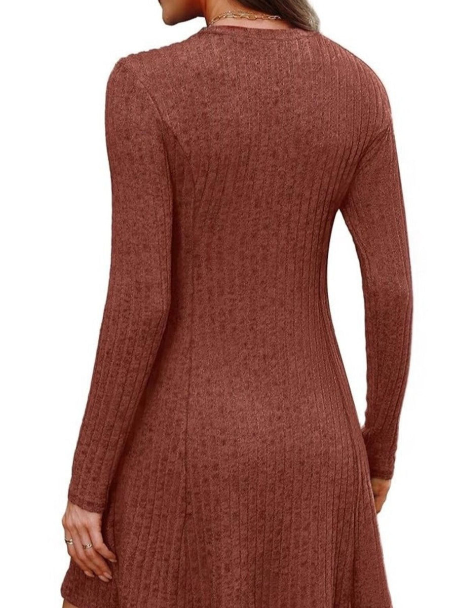 100% polyester Care instructions: Machine wash cold sweater dress in Caramel with A-line silhouette