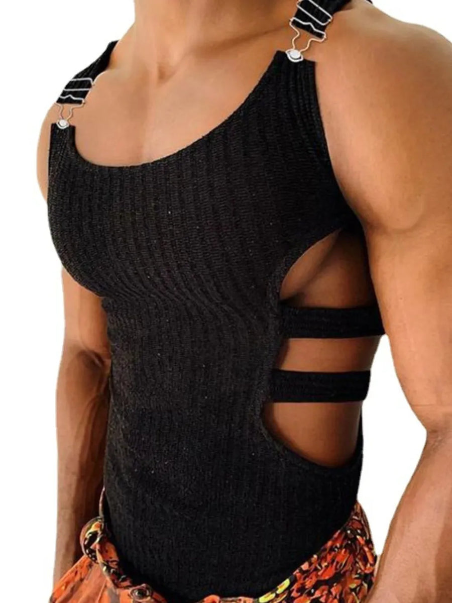 Black ribbed tank top with metal strap details and side cutouts.