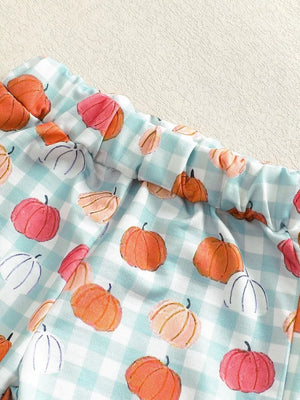 Baby set with blue gingham and pumpkin print, elastic waistband detail