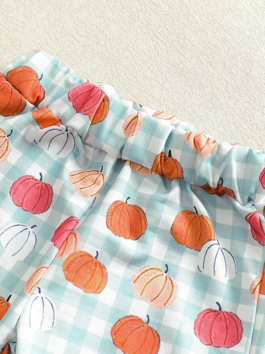 Baby set with blue gingham and pumpkin print, elastic waistband detail