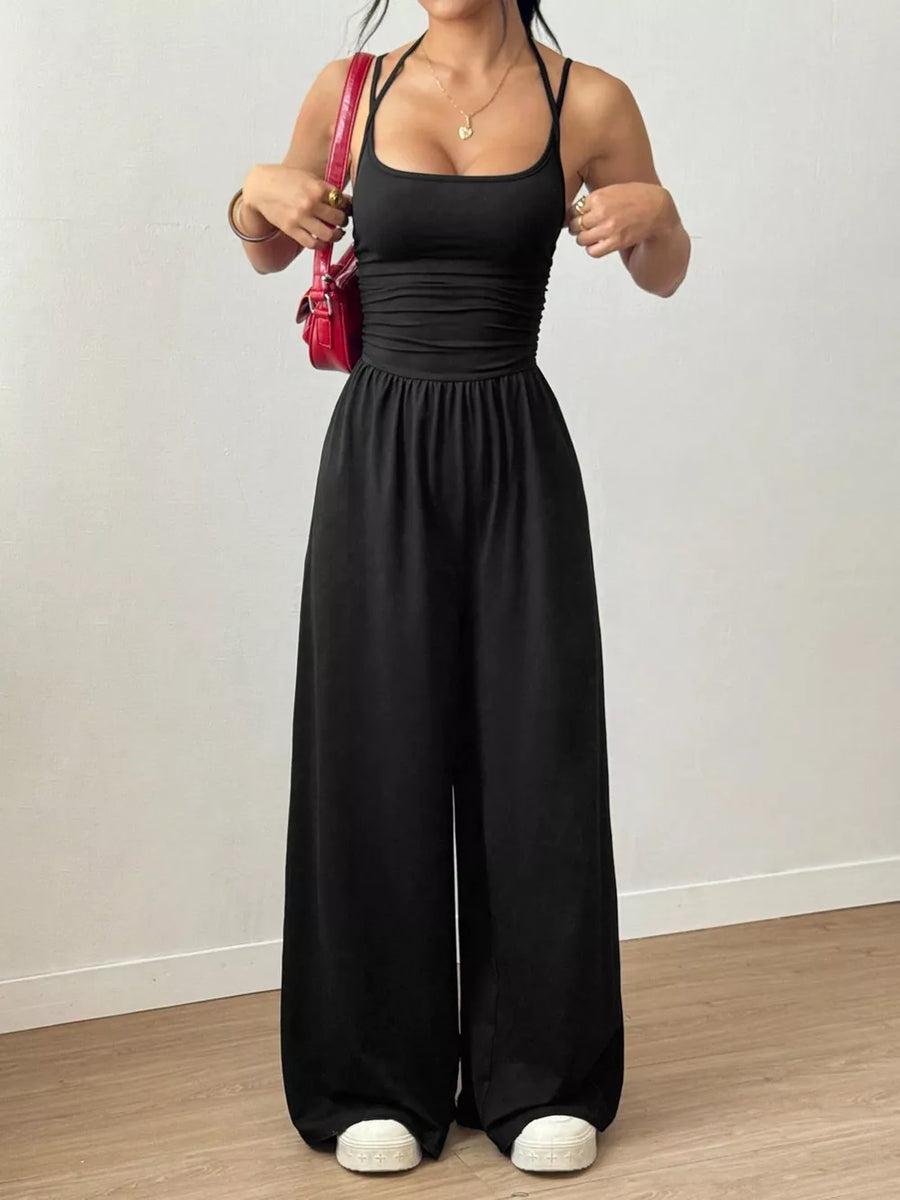 Wine Red flared jumpsuit with square neck