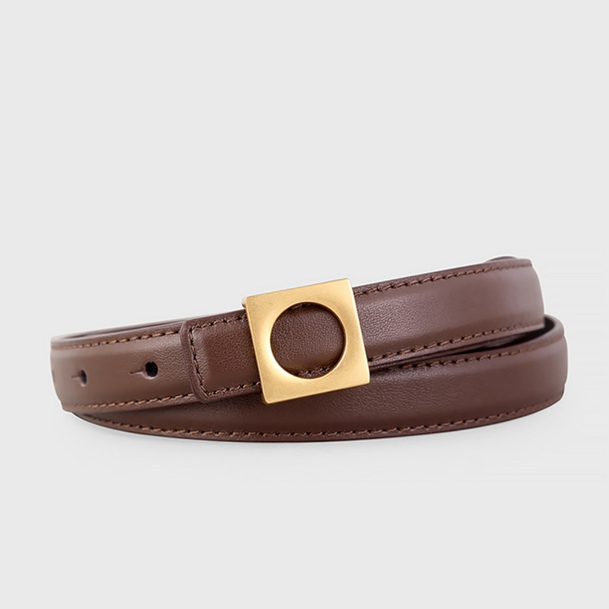 Skinny brown cowhide leather belt with gold square buckle