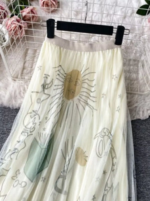 Off-white tulle skirt with abstract sunburst and celestial print