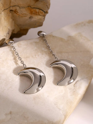 Silver celestial crescent drop earrings with chain detail