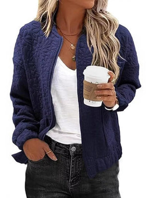 Burgundy quilted jacket with zip-front and floral
