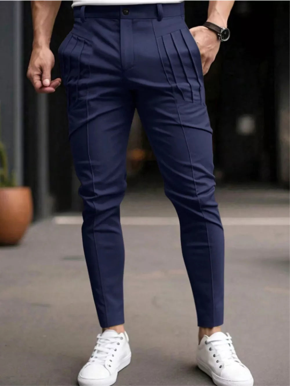 Dark Gray Men's Slim Fit Pleated Casual Pants Plus Size
