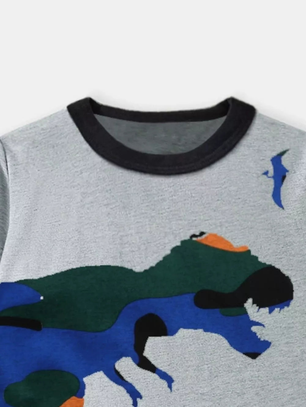 Grey t-shirt with a colorful dinosaur graphic and black ringer neck.