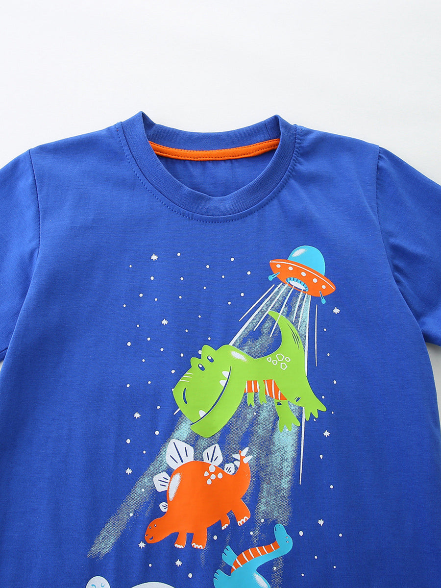Blue cotton crew neck t-shirt with playful dinosaur and UFO graphic print