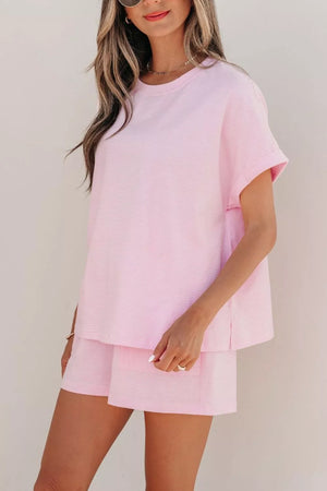 Pink striped cotton tee and shorts set with drawstring shorts