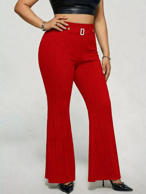Deep Red ribbed high-waist flare maternity trousers with buckle detail.