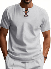 Light Gray cotton t-shirt for men with V-neck and lace-up detail.