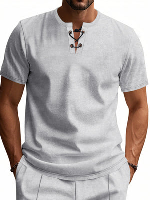 Light Gray cotton t-shirt for men with V-neck and lace-up detail.