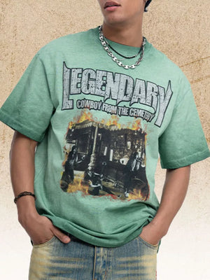 Green cotton blend t-shirt with bold cowboy graphic and distressed lettering.