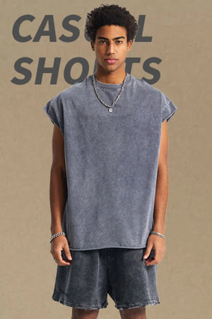 Gray acid wash boxy muscle tee with raw hem and crew neck.
