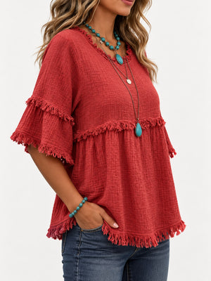 Green relaxed blouse with round neck