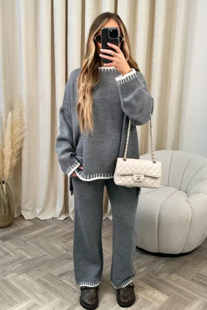 Gray relaxed fit sweater set with contrast trim details on neckline, cuffs, and hem.