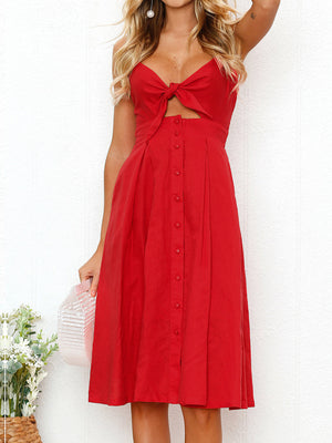 Red midi sundress with bow front, cutout, and button detail