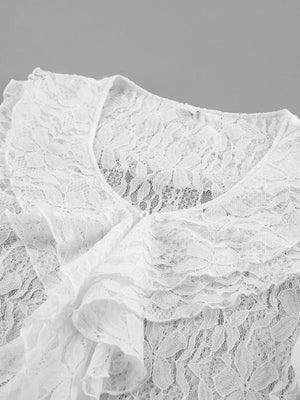 Lace V-neck Flare Sleeve Blouse in White with lace