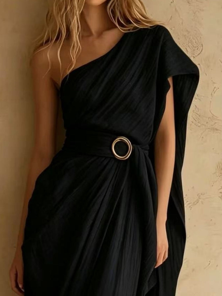 resort maxi dress in Tan with one-shoulder