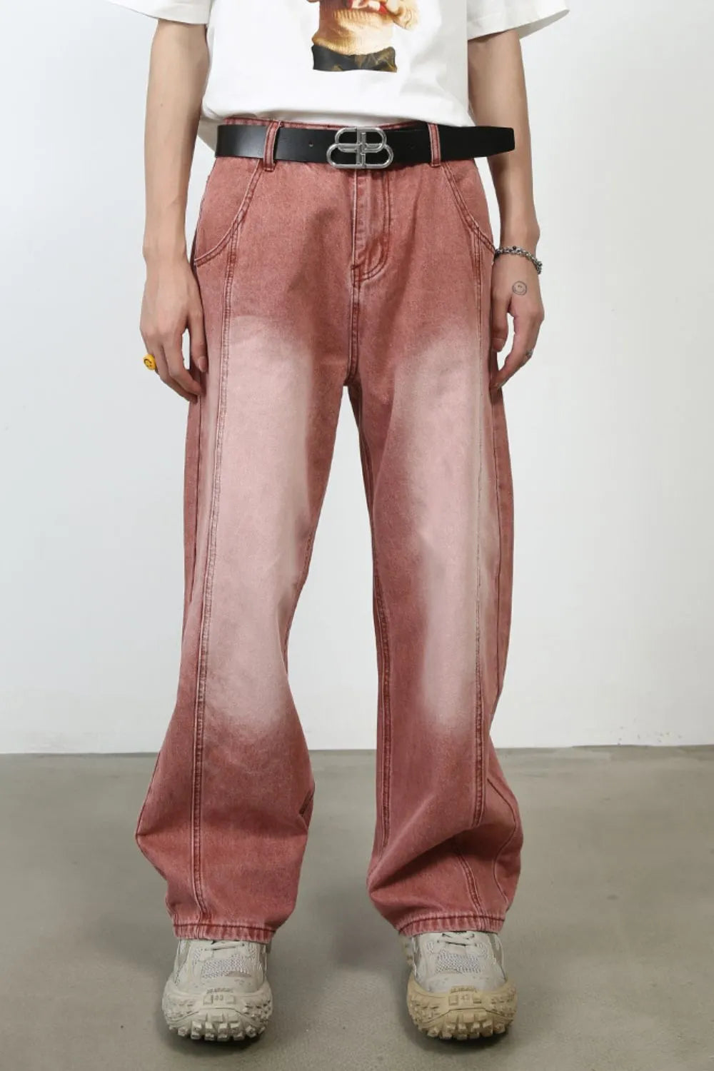 Relaxed Edge Denim Jeans in coral with a faded wash and wide leg
