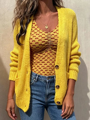 Peacock Blue Full Size Chunky Knit Button-up Cardigan Plus Size