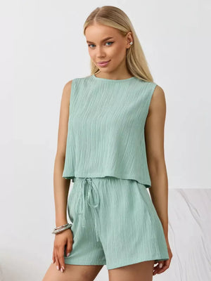 Light green textured cotton tank and shorts set with drawstring waist