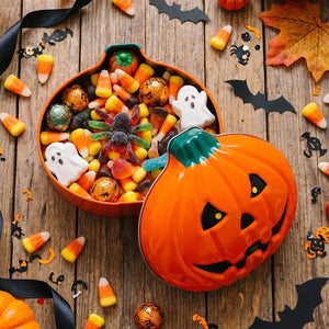 storage box featuring jack-o'-lantern motif in dark green with Alloy Imported Size &amp texture