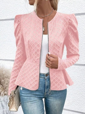 Pink with Puff Sleeve Textured Jacquard Jacket