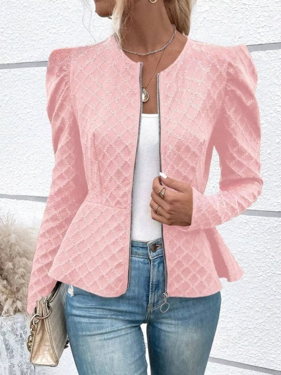 Pink with Puff Sleeve Textured Jacquard Jacket