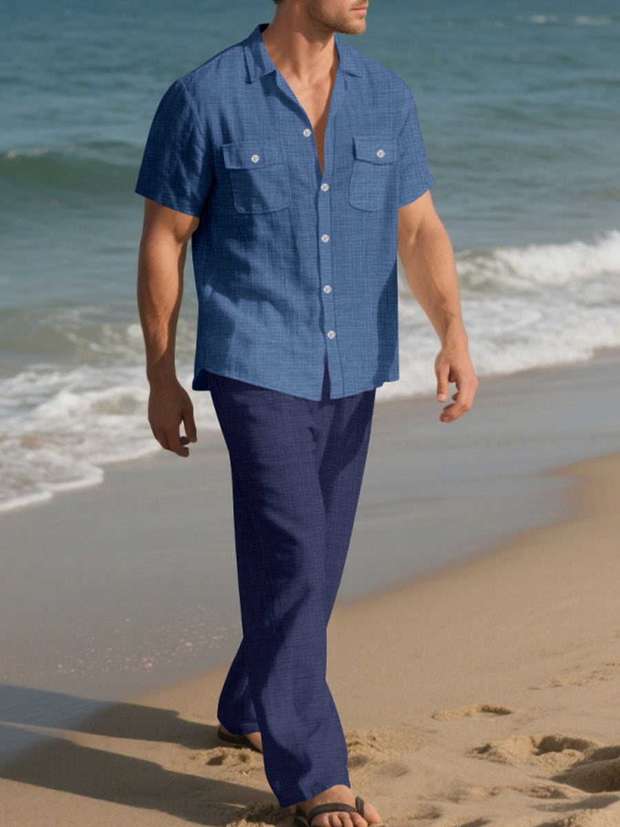 Men's Casual Button-up Shirt And Pants Set Plus Size in Tan