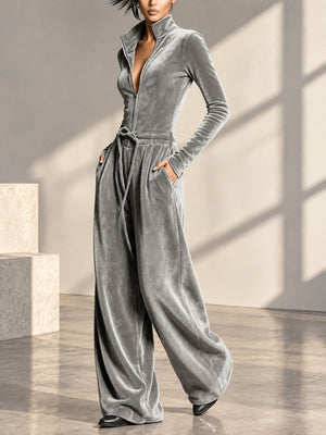 Gray jumpsuit featuring drawstring and geometric-print