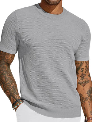 Gray textured knit crewneck tee with short sleeves and a relaxed fit.