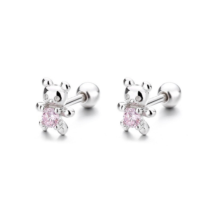 Silver bear stud earrings with pink zircon stone detail.