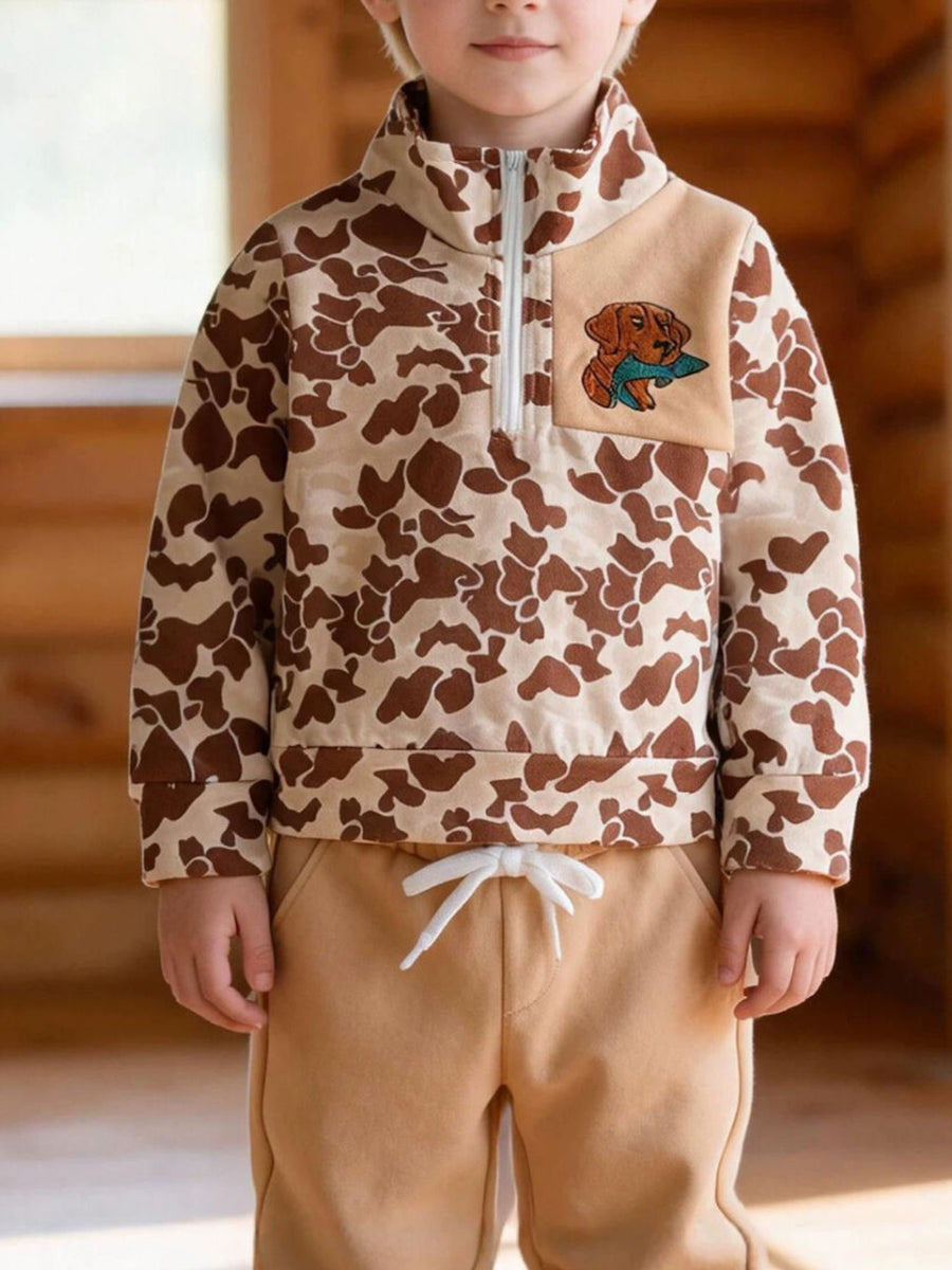 tan two-piece set with camo and mock neck