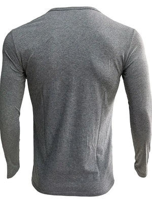 Dark Gray Henley-Neck Long Sleeve Tee, plain knit cotton blend, crew neck, long sleeves.
