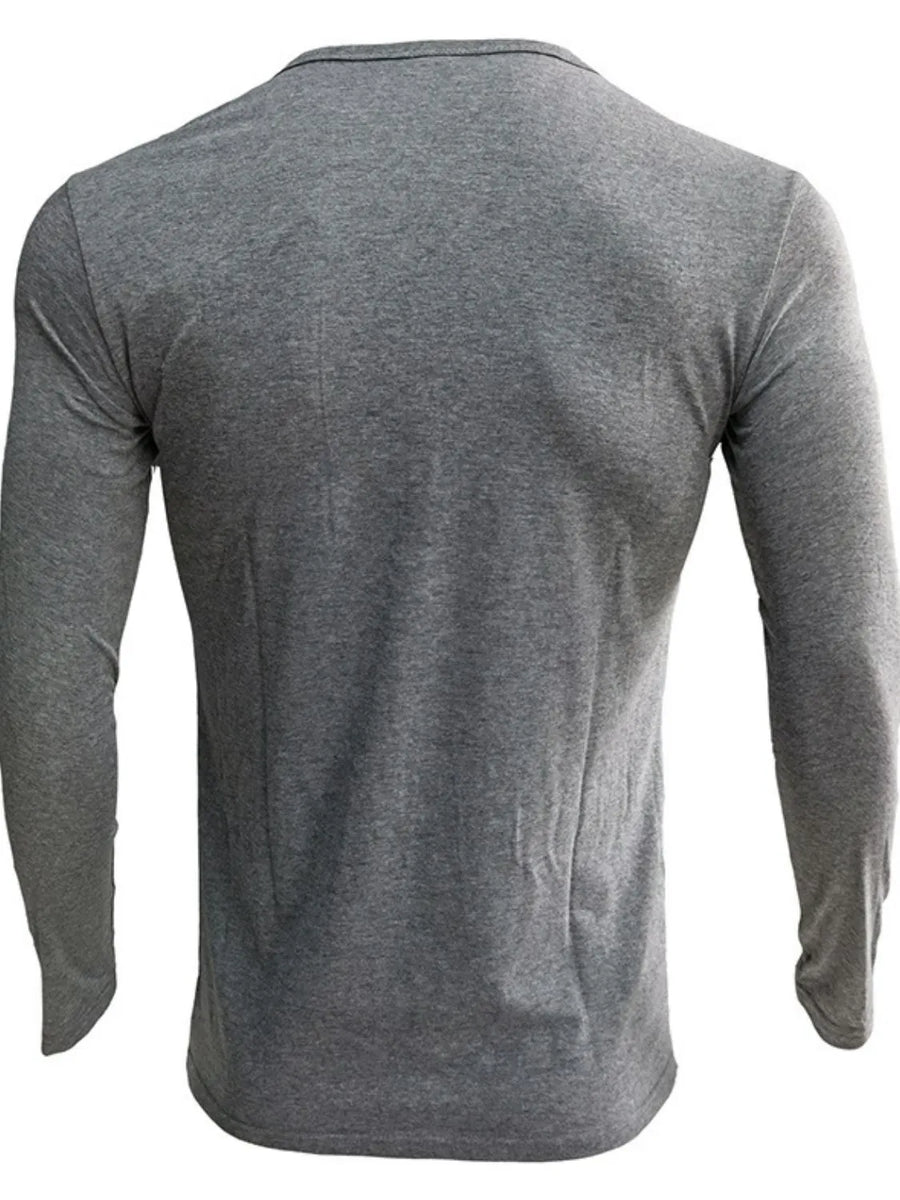 Dark Gray Henley-Neck Long Sleeve Tee, plain knit cotton blend, crew neck, long sleeves.